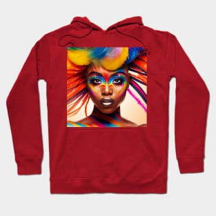 Woman with colorful makeup and feathers on her head. Hoodie